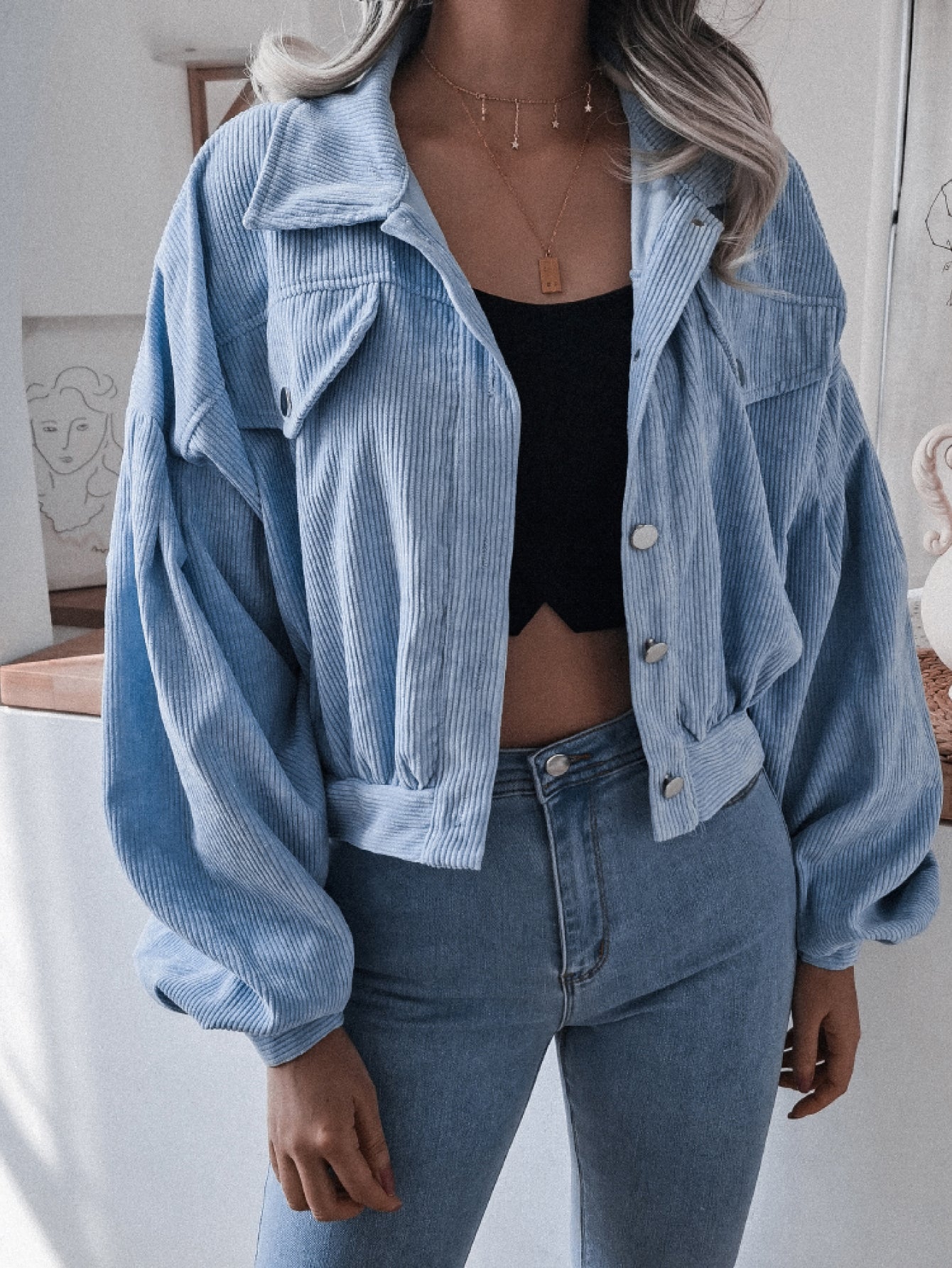 Lantern Sleeve Cropped Corduroy Jacket - Keene's