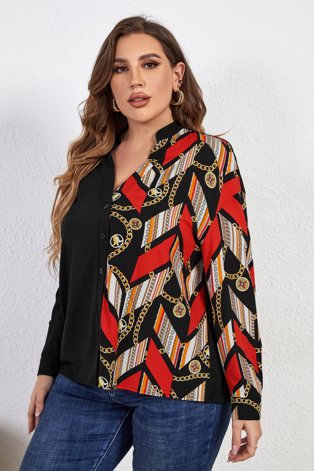 Plus Size Contrast Color Notched Neck Shirt