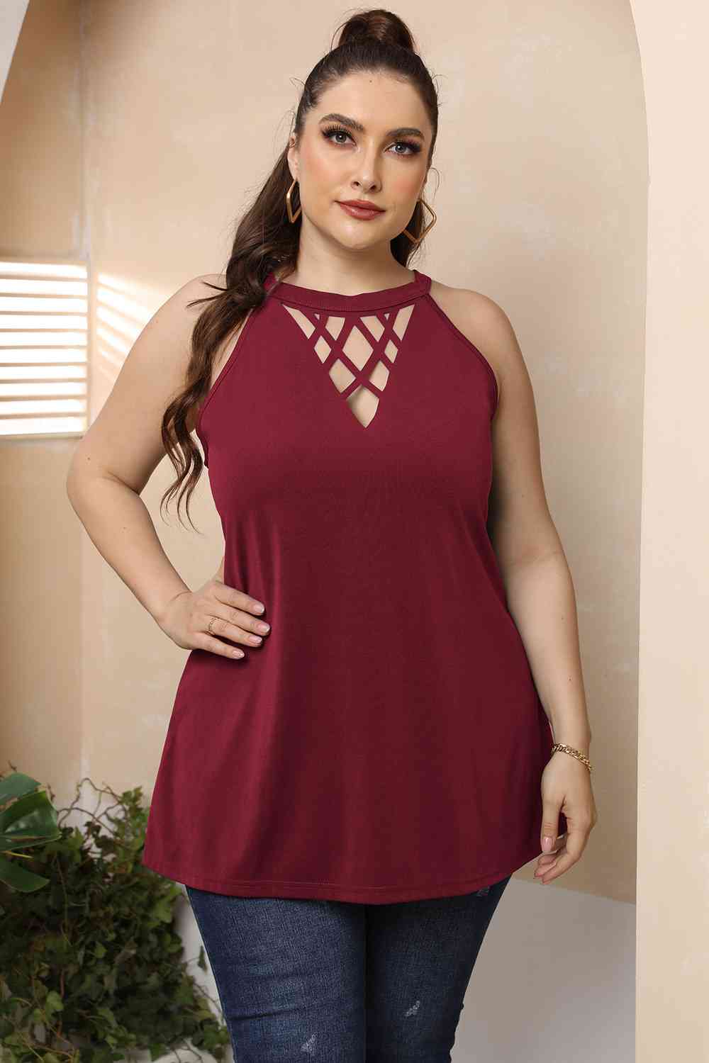 Plus Size Halter Neck Cutout Sleeveless Top