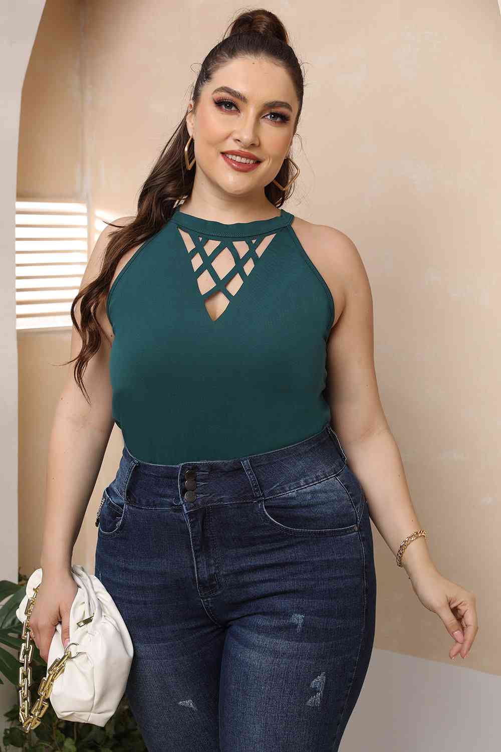 Plus Size Halter Neck Cutout Sleeveless Top