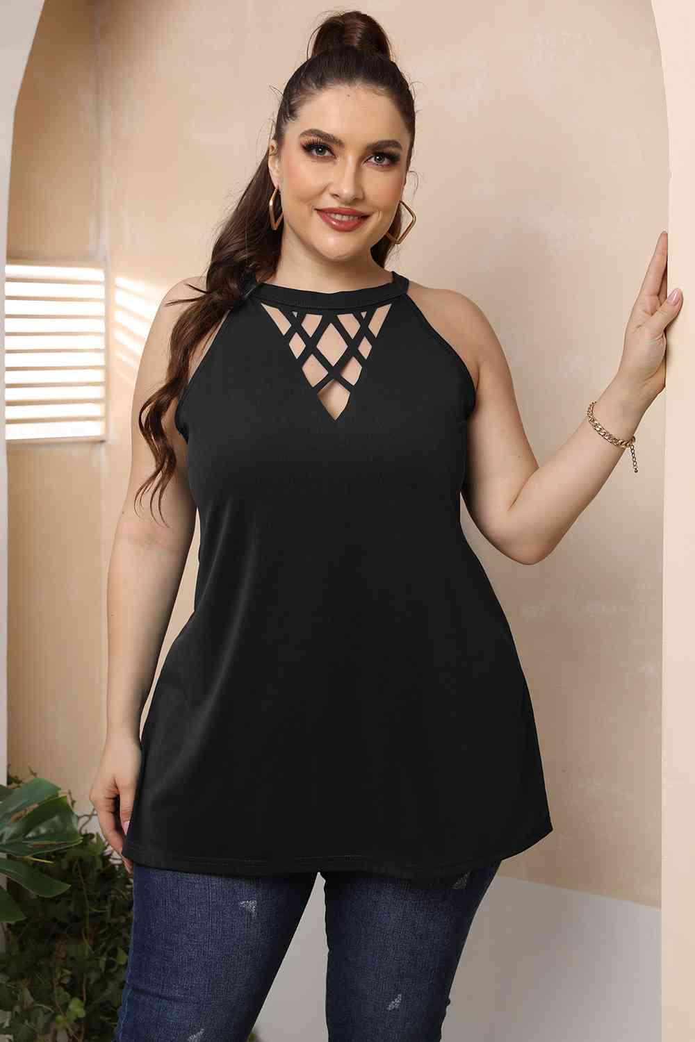 Plus Size Halter Neck Cutout Sleeveless Top