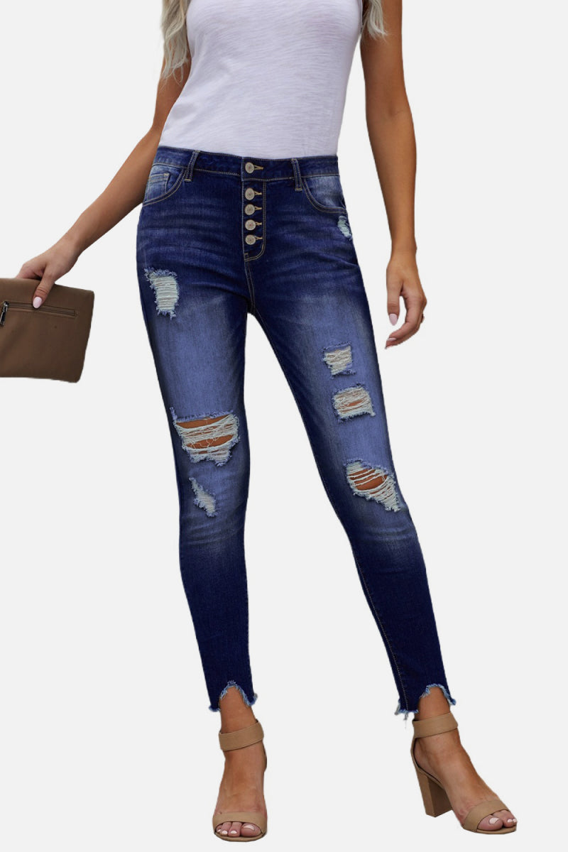 Button Front Frayed Ankle Skinny Jeans - Keene's