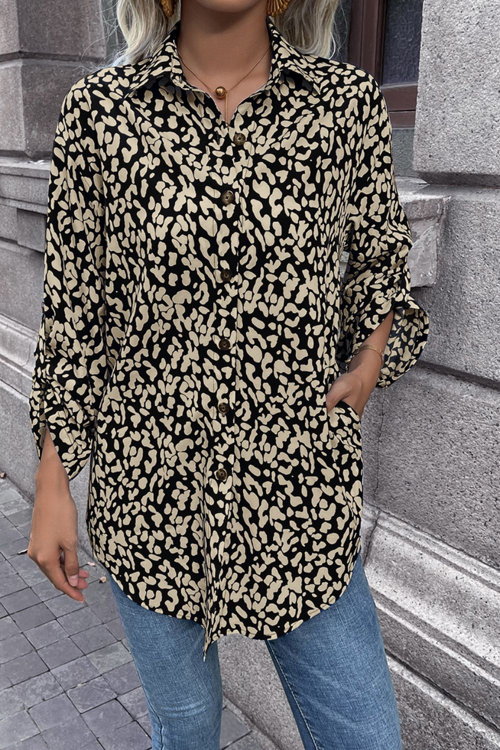 Leopard Roll-Tap Sleeve Shirt