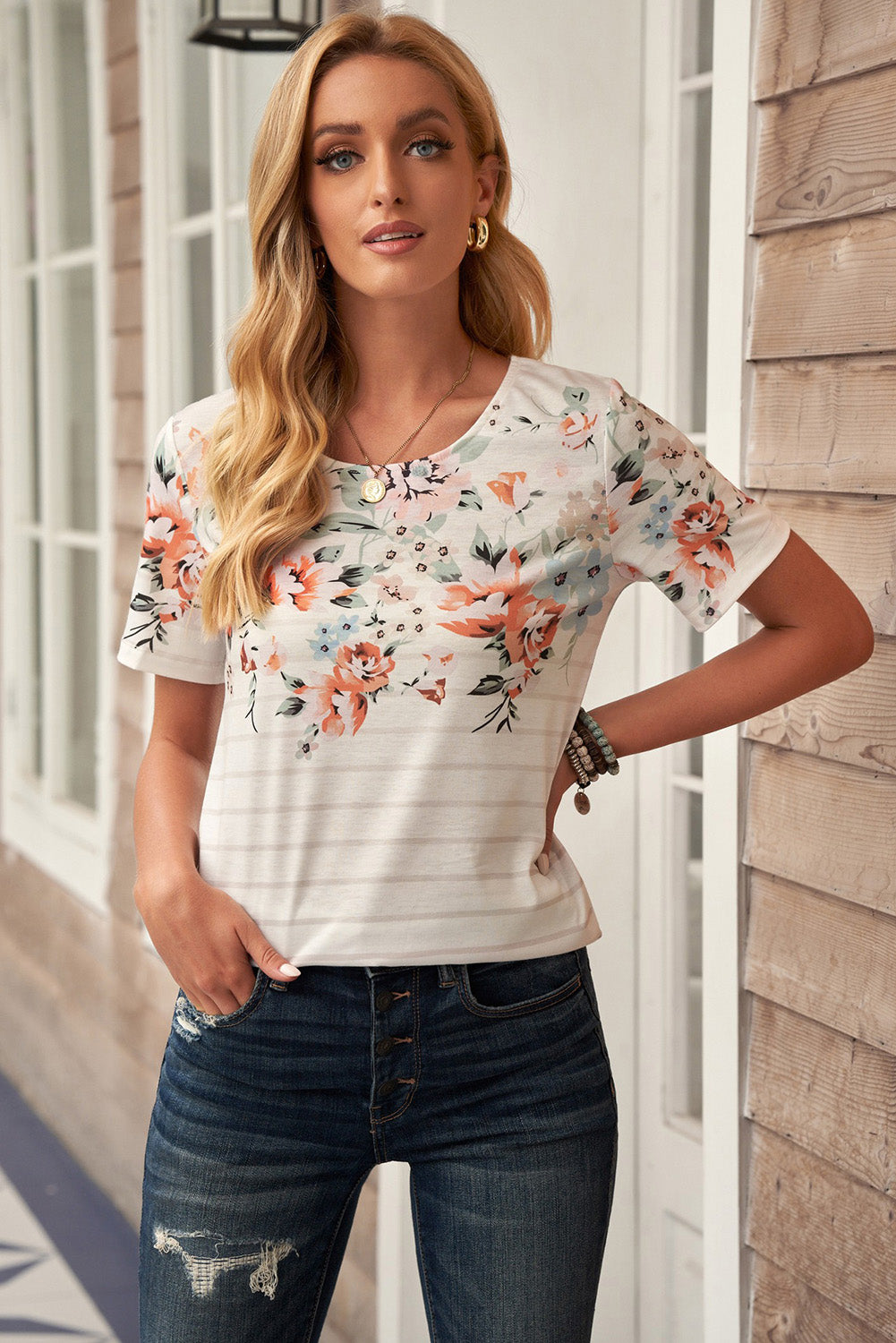 Floral And Stripe T-Shirt - Keene's