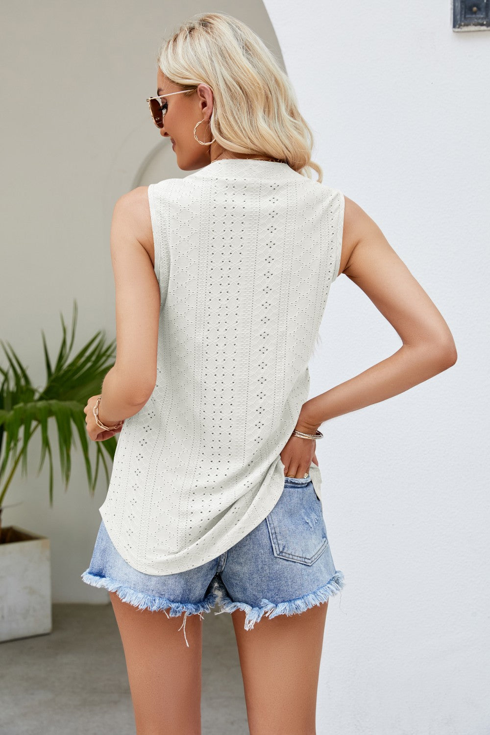 Notched Neck Curved Hem Eyelet Tank