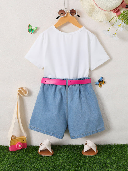 Butterfly Graphic Top and Belted Denim Shorts Set