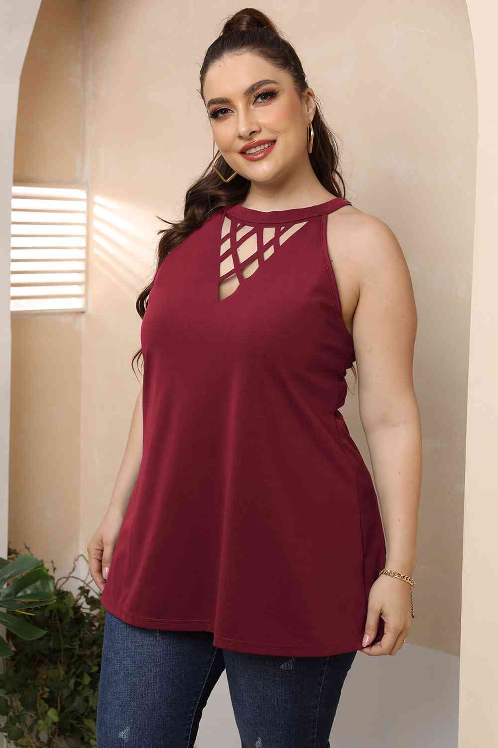 Plus Size Halter Neck Cutout Sleeveless Top