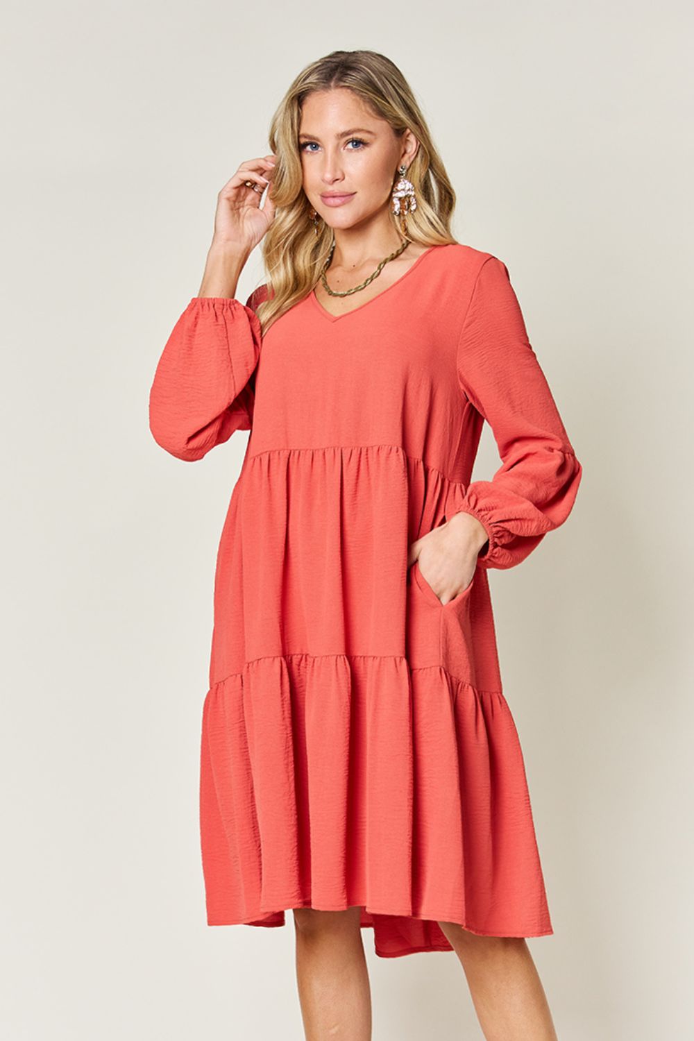 Double Take Full Size V-Neck Balloon Sleeve Tiered Dress