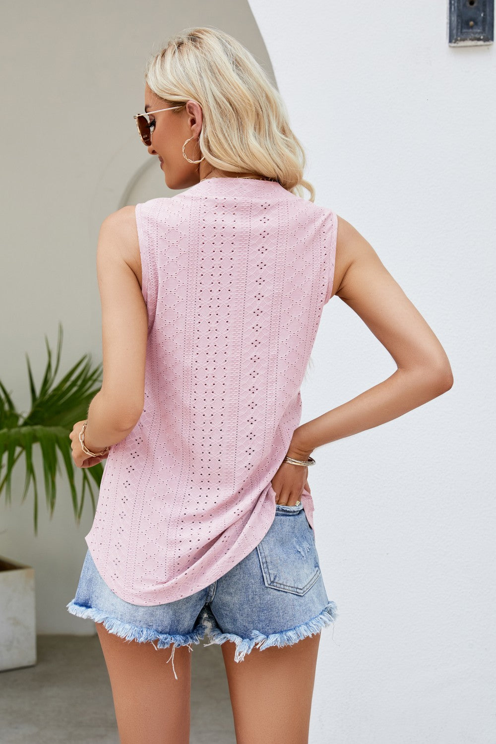 Notched Neck Curved Hem Eyelet Tank