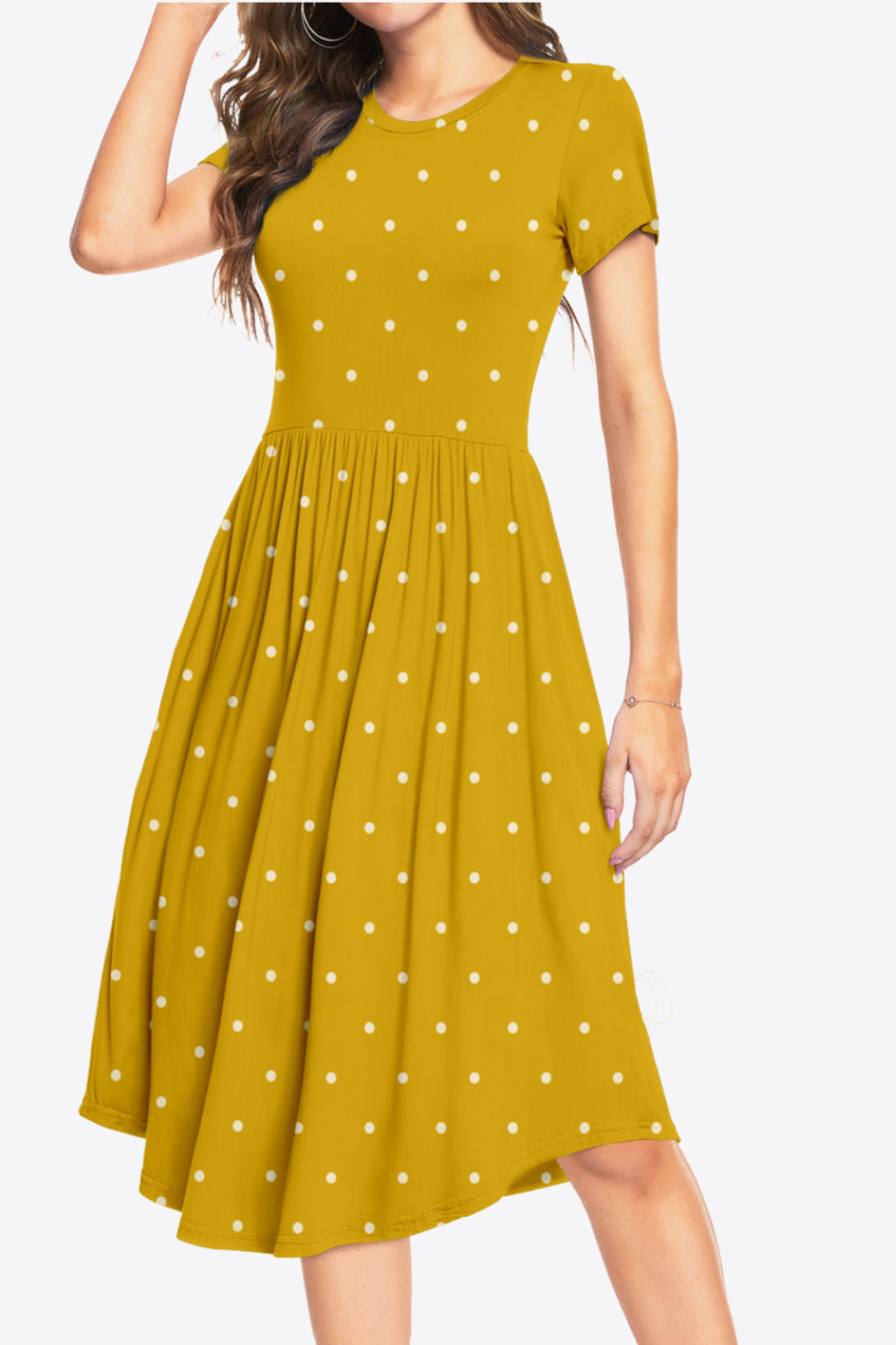 Printed Round Neck Short Sleeve Dress with Pockets