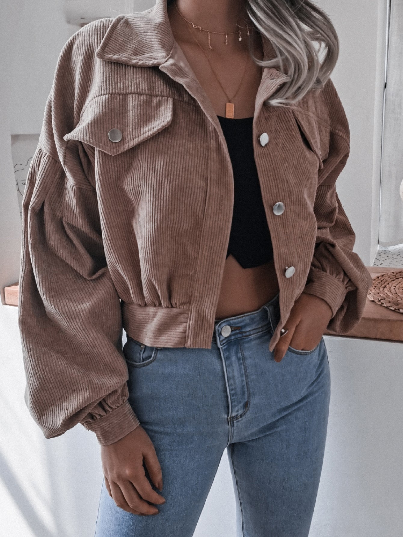 Lantern Sleeve Cropped Corduroy Jacket - Keene's