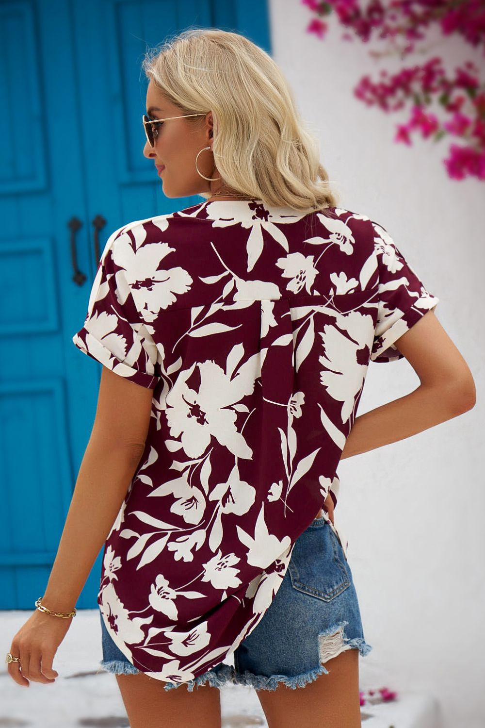 Floral Notched Neck Cuffed Blouse