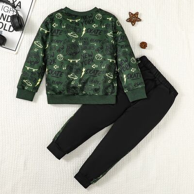 Letter Print Round Neck Top and Pants Set