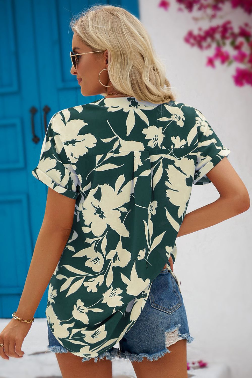 Floral Notched Neck Cuffed Blouse