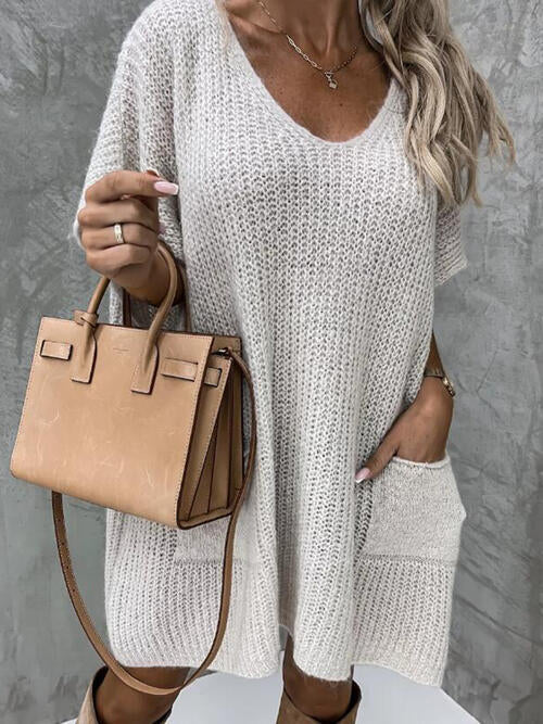 V-Neck Short Sleeve Sweater with Pockets