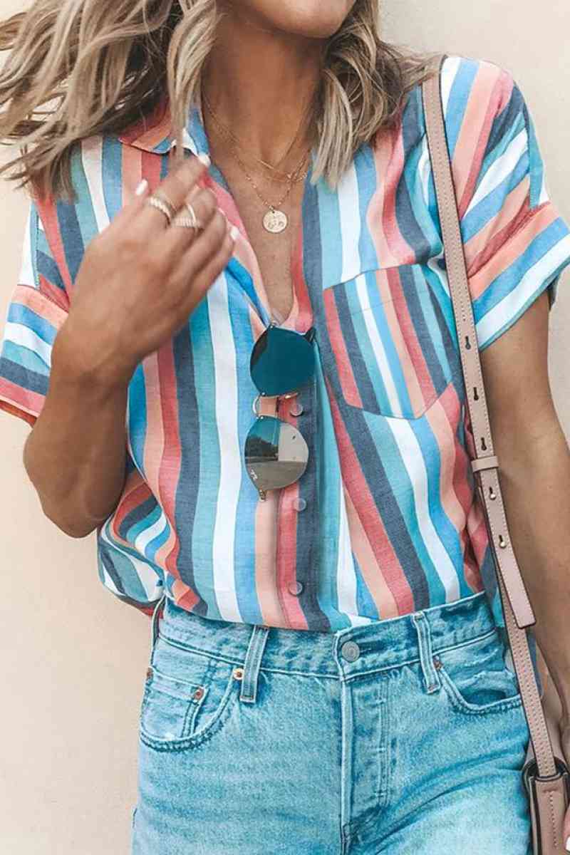 Striped Collared Neck Button-down Pocketed Top - Keene's