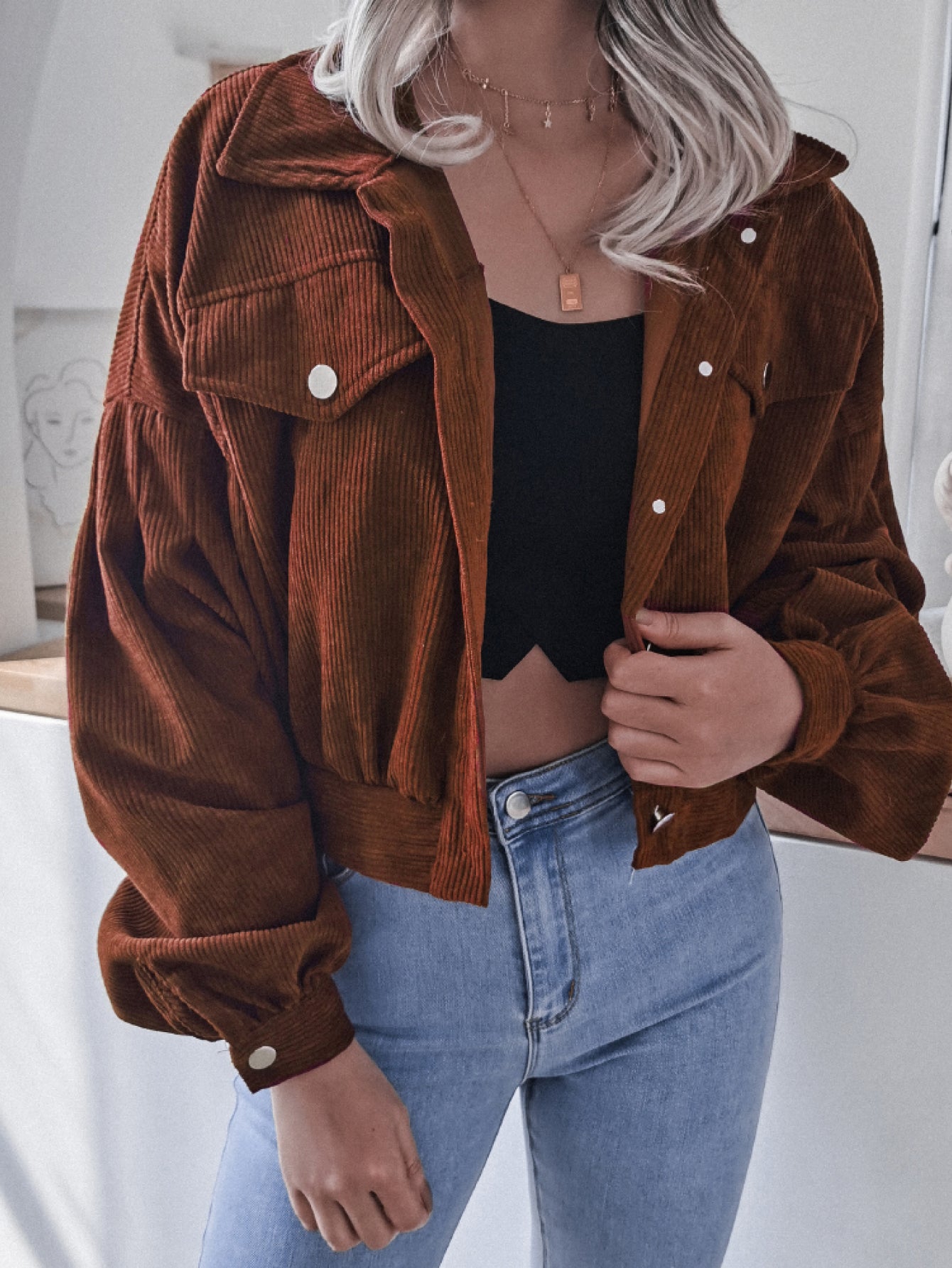 Lantern Sleeve Cropped Corduroy Jacket - Keene's