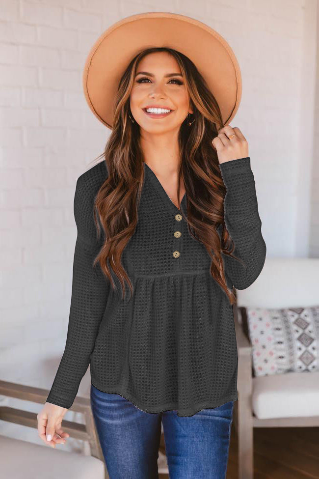 Button Front Waffle knit Peplum Top - Keene's