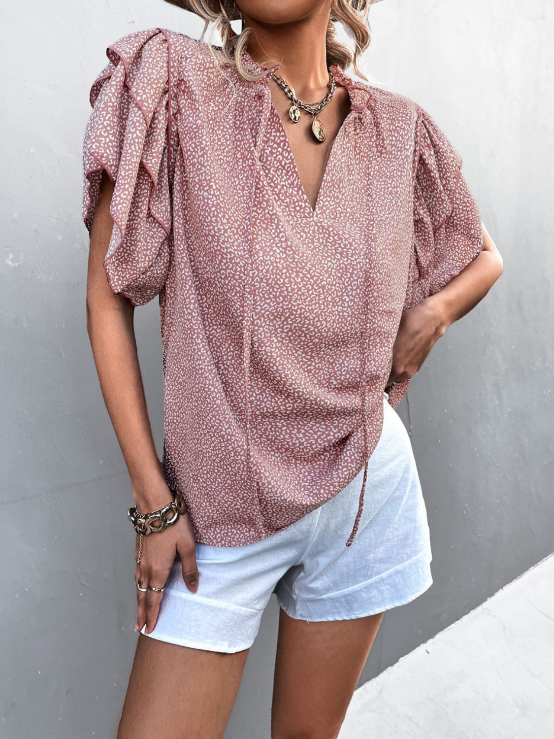 Printed Flutter Sleeve V-Neck Top - Keene's