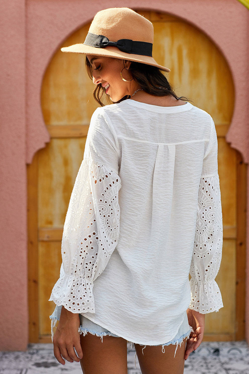 Eyelet Sleeves Button Down Top - Keene's