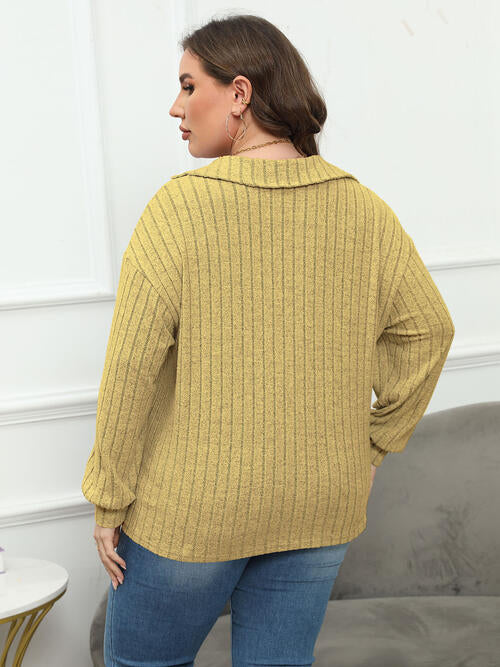 Plus Size Ribbed Collared Neck Long Sleeve Blouse