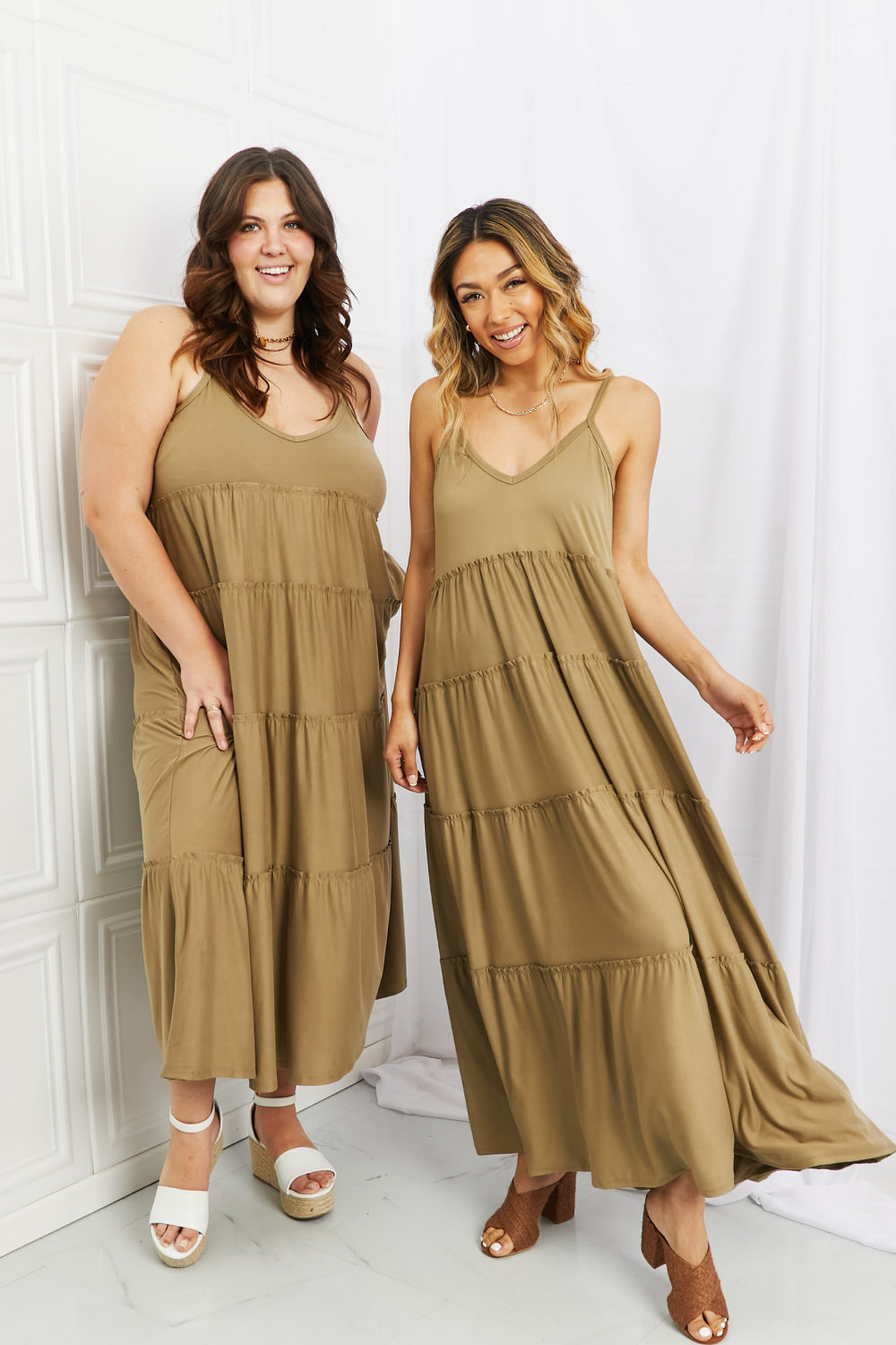 Zenana Full Size Spaghetti Strap Tiered Dress with Pockets in Khaki