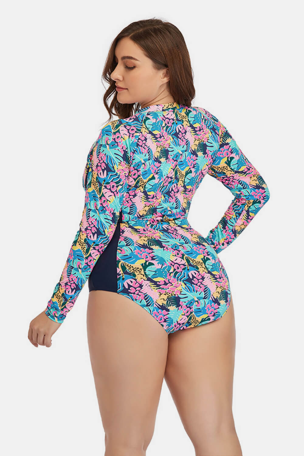 Plus Size Floral Zip Up One-Piece Swimsuit