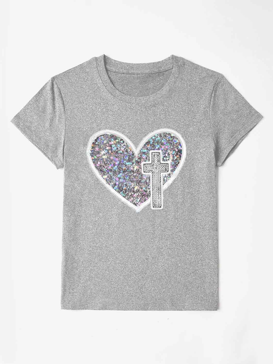 Sequin Heart Round Neck Short Sleeve T-Shirt