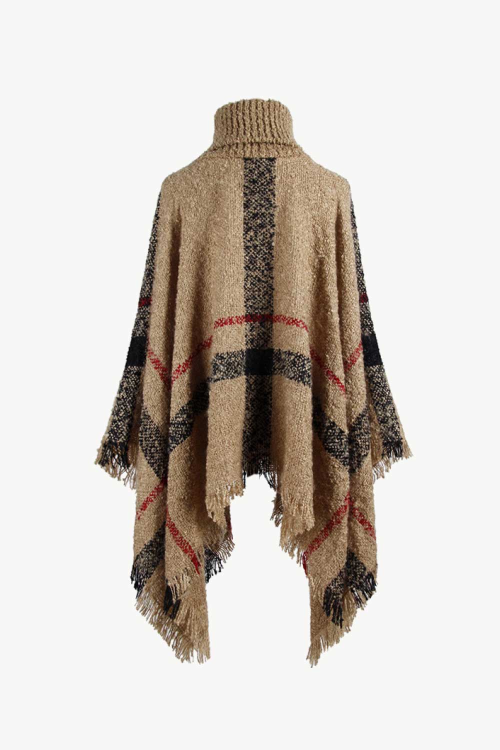 Plaid Turtleneck Raw Hem Poncho