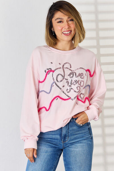 LOVE YOU Heart Sequin Round Neck Sweatshirt