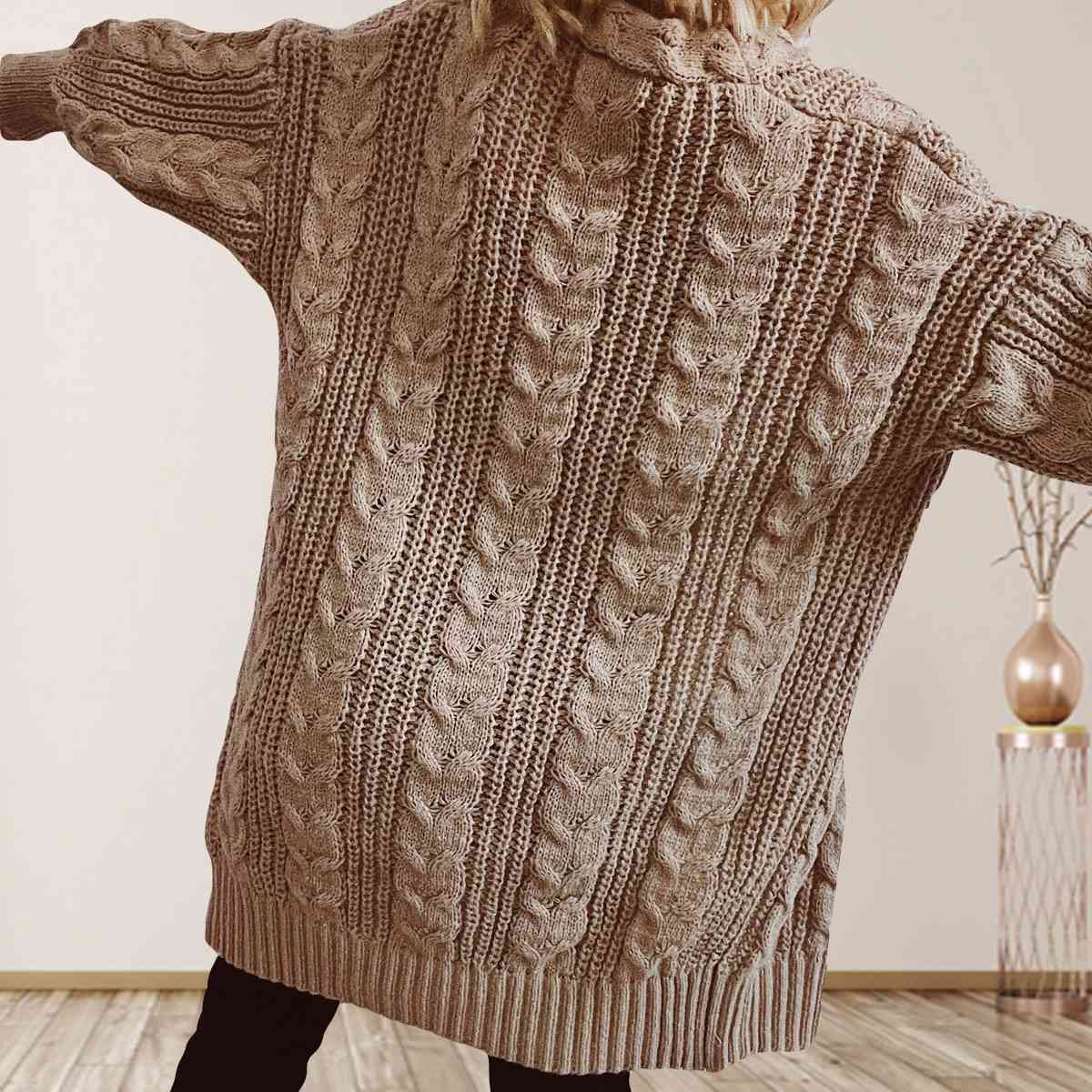 Cable-Knit Open Front Dropped Shoulder Cardigan