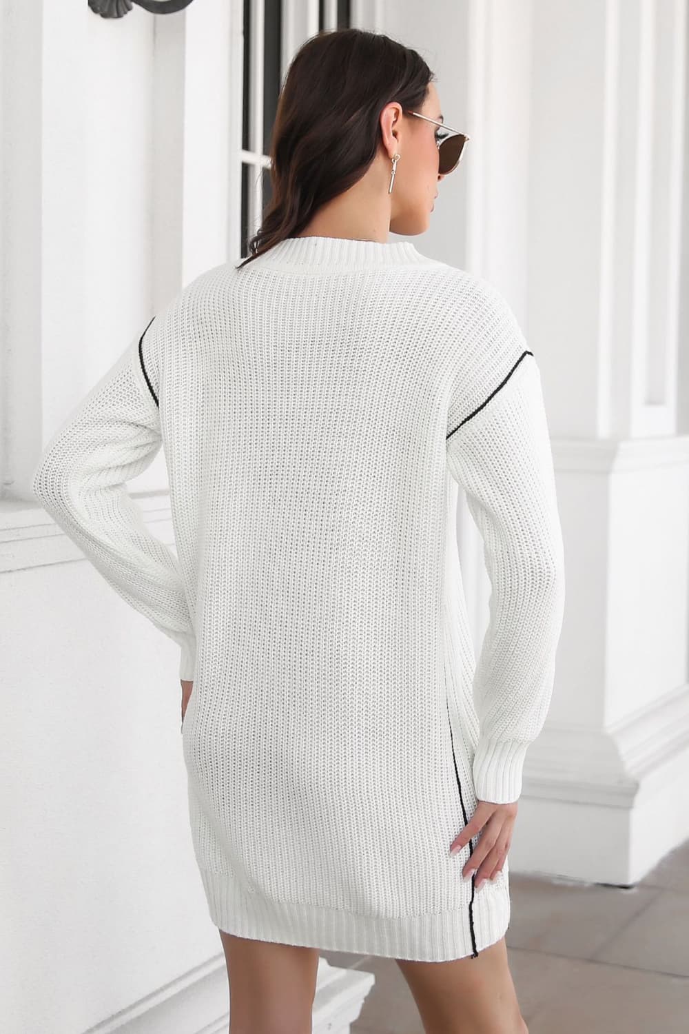 Contrast V-Neck Sweater Dress