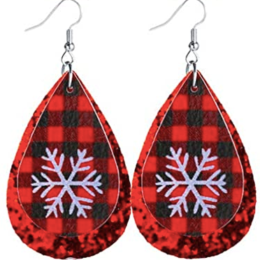 Plaid Snowflake With Red Glitter Earrings - Keene's