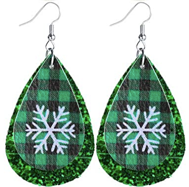 Plaid Snowflake With Green Glitter Earrings - Keene's