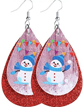 Snowman With Blue Scarf and Hat and  Red Glitter Earrings - Keene's