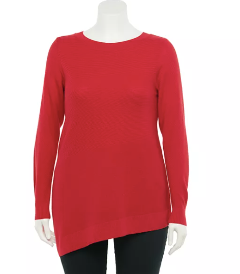 Red Asymmetrical Hem Crewneck Sweater - Plus Size - Keene's