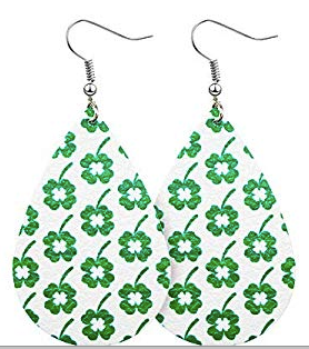 St. Patrick's Day Earrings - White Background With Small Green Shamrocks & White Centers - Keene's