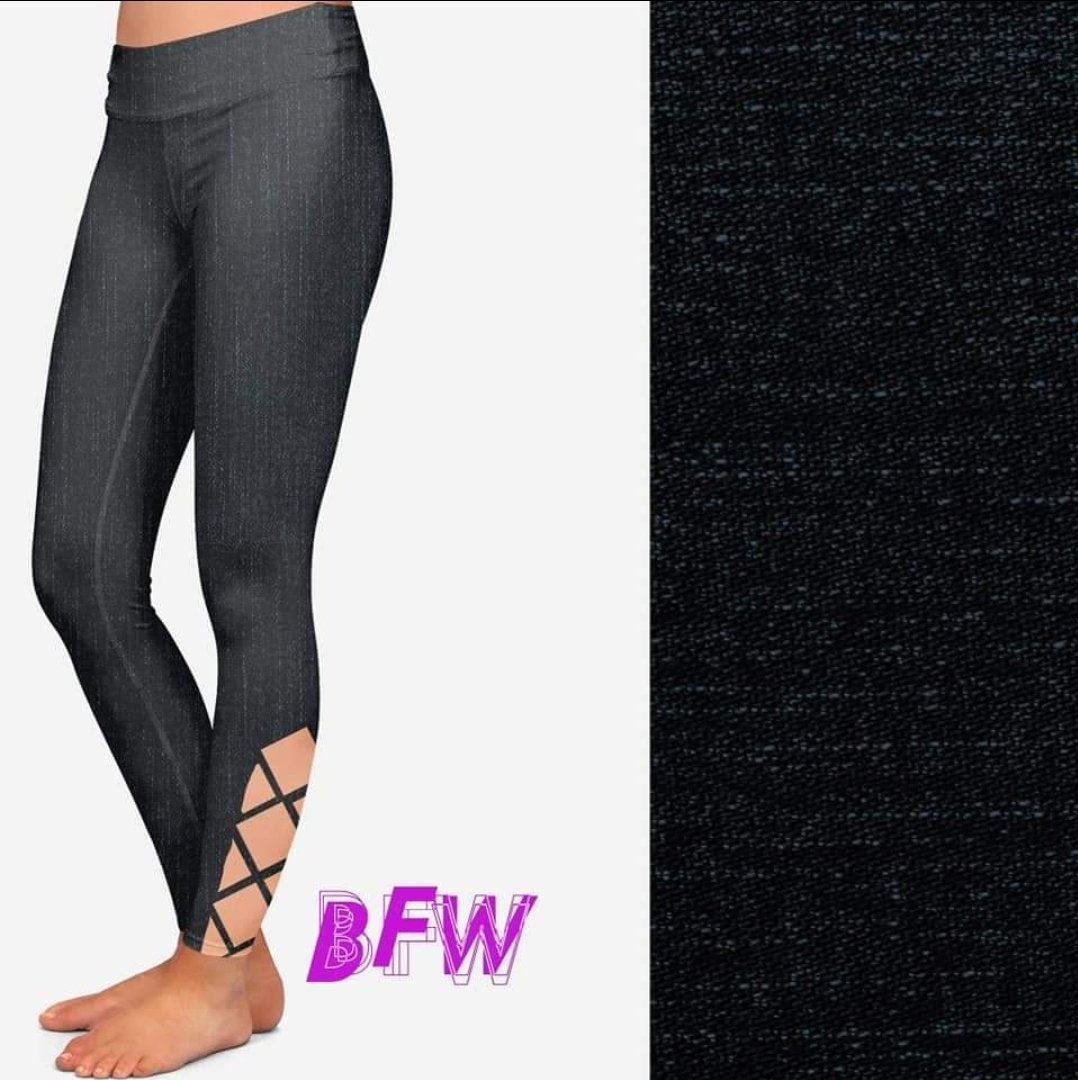 Dark Denim leggings and capris with criss cross