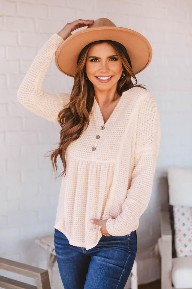 Button Front Waffle knit Peplum Top - Keene's