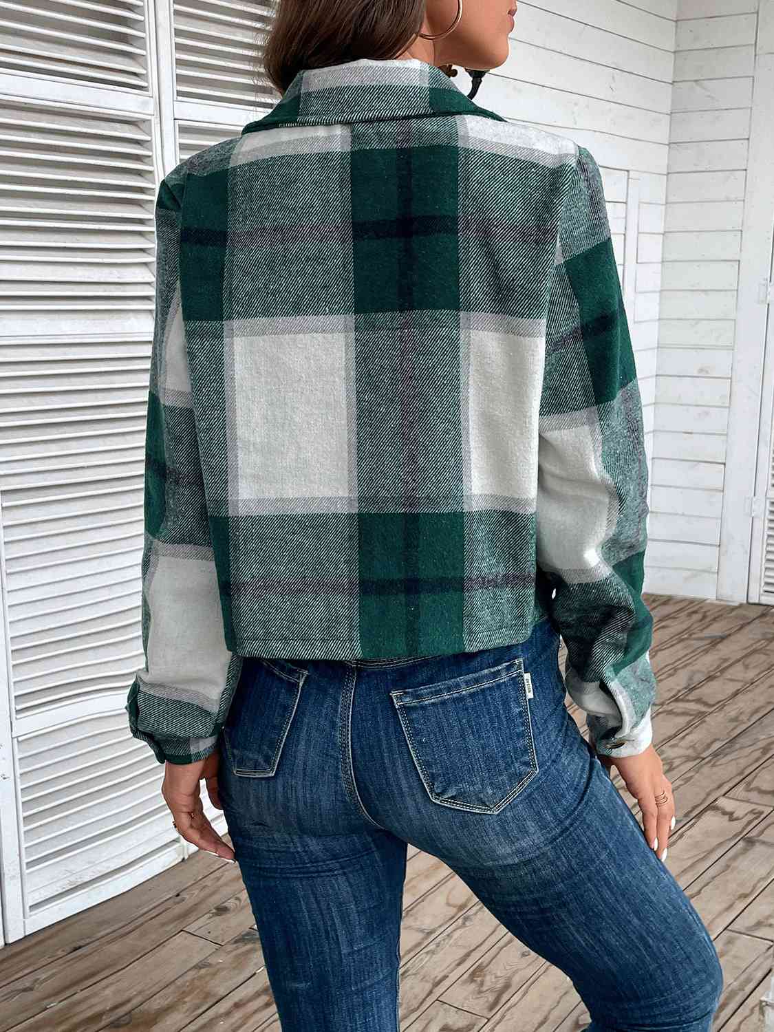 Plaid Collared Neck Button Up Long Sleeve Jacket