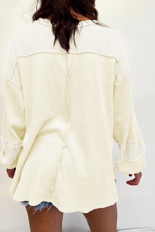 Waffle-Knit Exposed Seam Lantern Sleeve Blouse