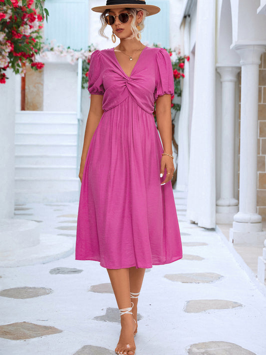 Twisted Short Puff Sleeve V-Neck Dress