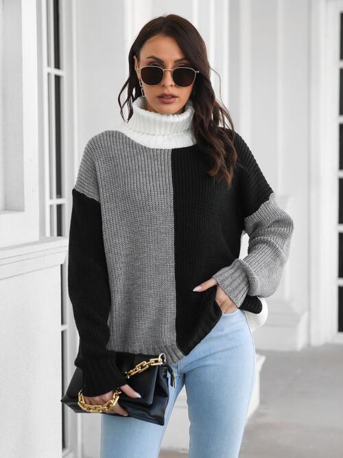 Contrast Turtleneck Long Sleeve Sweater