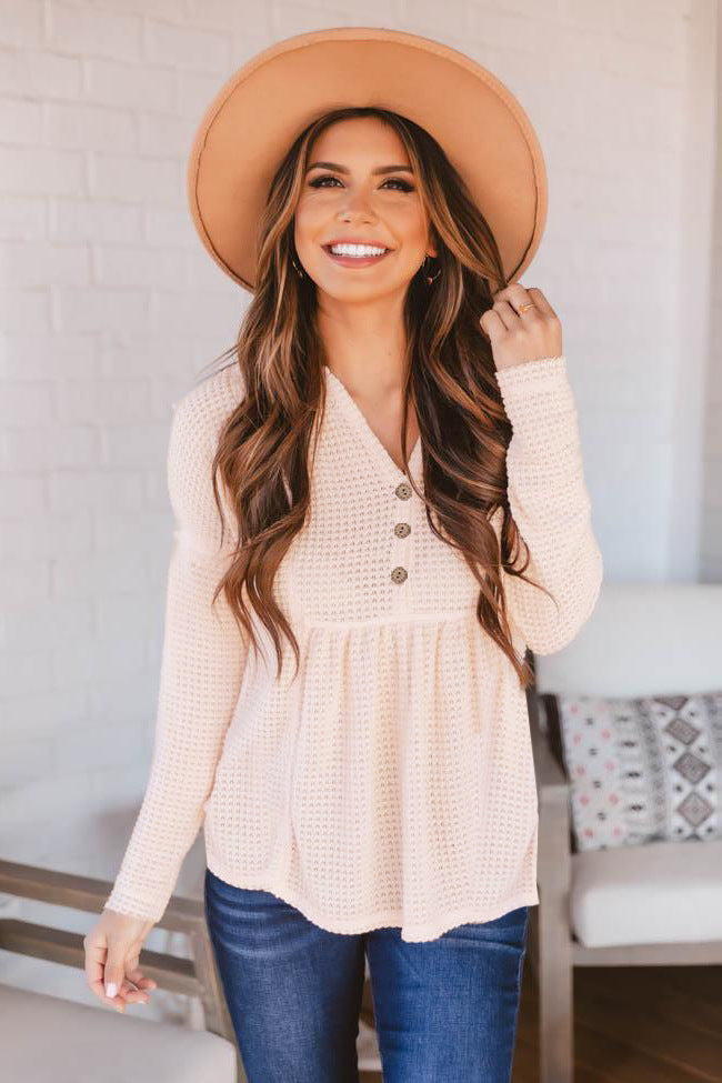 Button Front Waffle knit Peplum Top - Keene's