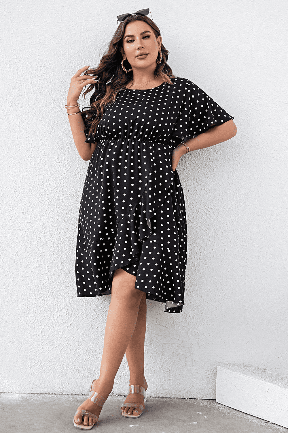 Plus Size Polka Dot Flutter Sleeve Dress