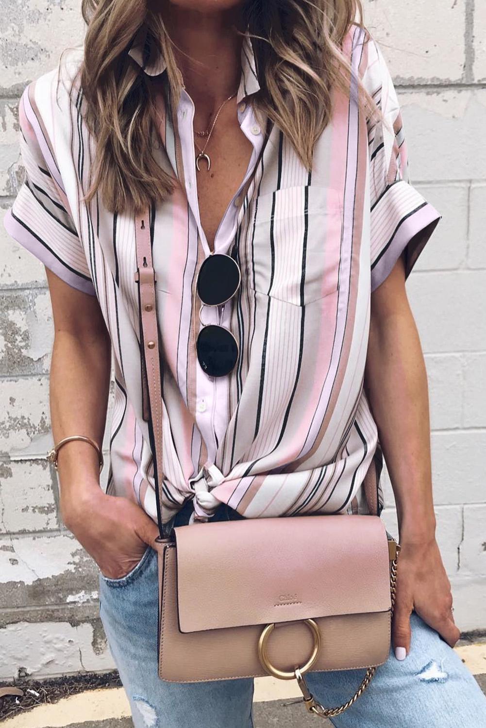 Striped Collared Neck Button-down Pocketed Top - Keene's