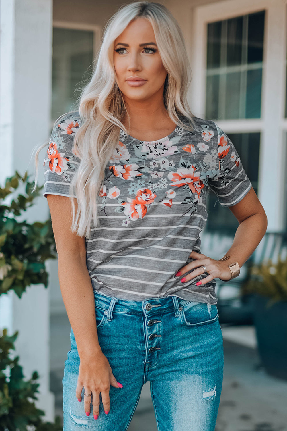 Floral And Stripe T-Shirt