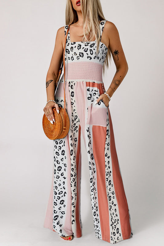 Leopard Color Block Smocked Jumpsuit