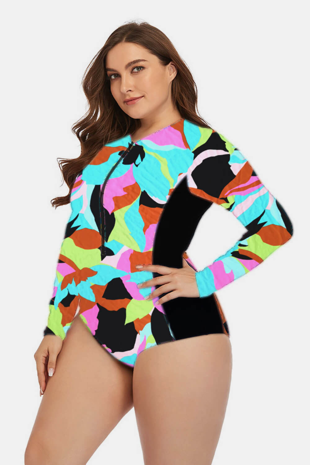 Plus Size Floral Zip Up One-Piece Swimsuit