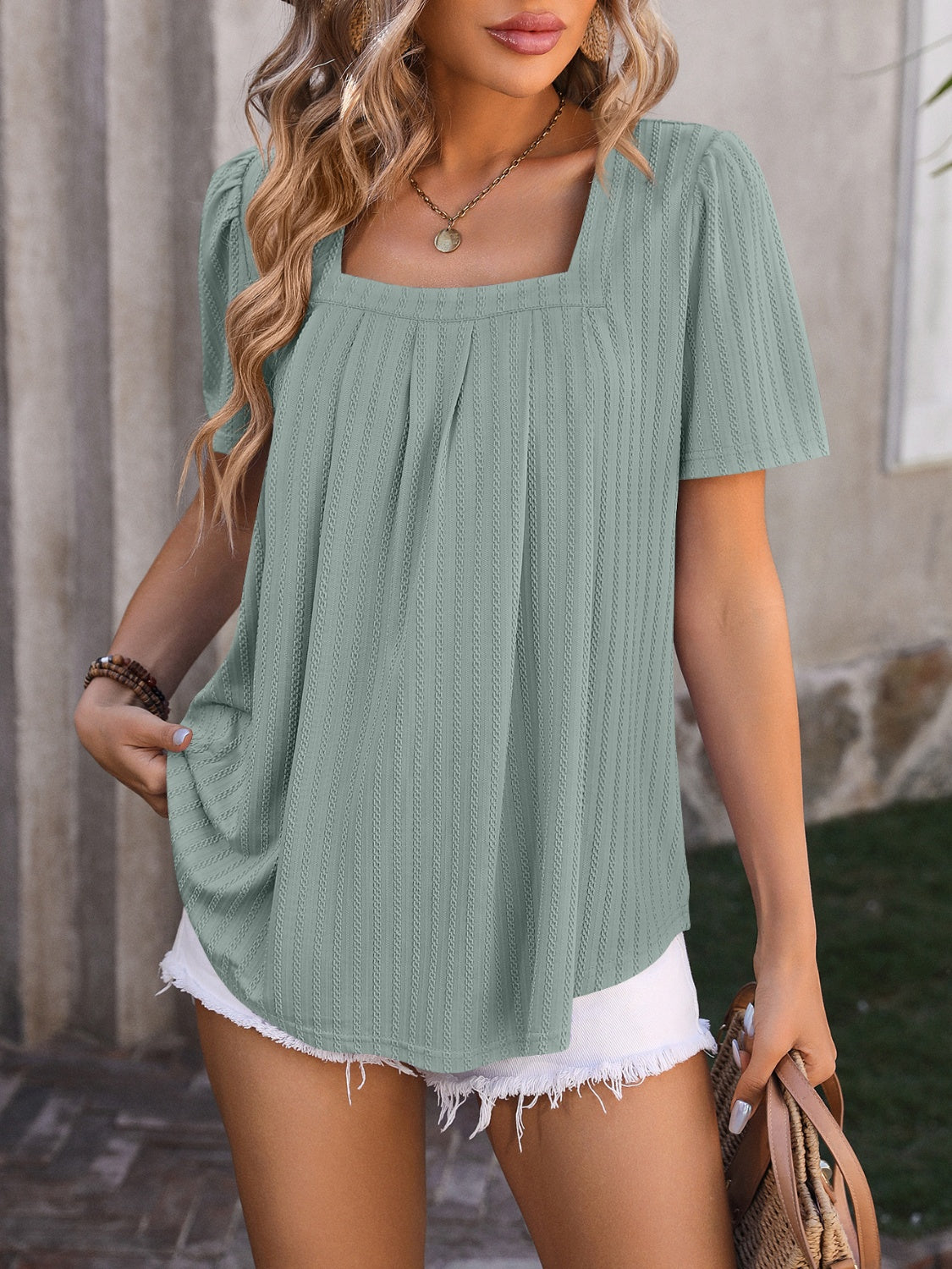 Ruched Square Neck Short Sleeve Blouse